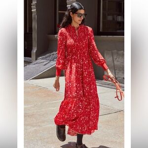 ME+EM Red Intricate Floral Tiered Maxi dress shirred waist & ribbed cuffs